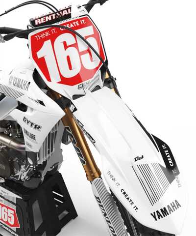 DeCal Works Think It. Create It. 222 Dirt Bike Graphics Design. White with Black Pinstripes and Red Number Plates with Yamaha Logos 