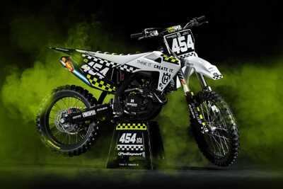 Custom dirt bike graphics with a personal style, black and white checker design with toxic yellow accents, mXrevival Logo
