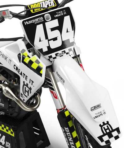 Custom dirt bike graphics with a personal style, black and white checker design with toxic yellow accents, Duba Logo