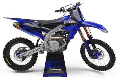 All blue and black MX decals for Yamaha YZF dirt bike on all blue UFO repplacement plastic and blue number plate decals