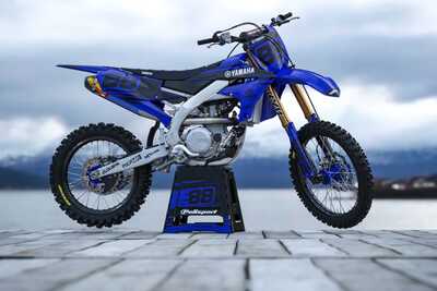 All blue and black MX decals for Yamaha YZF dirt bike on all blue UFO repplacement plastic with KYB Forks