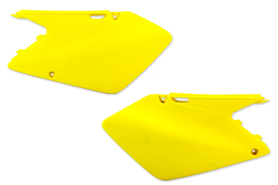 UFO Yellow Side Number Plates replacement plastics for 01-08 Suzuki RM125, RM250 dirt bikes