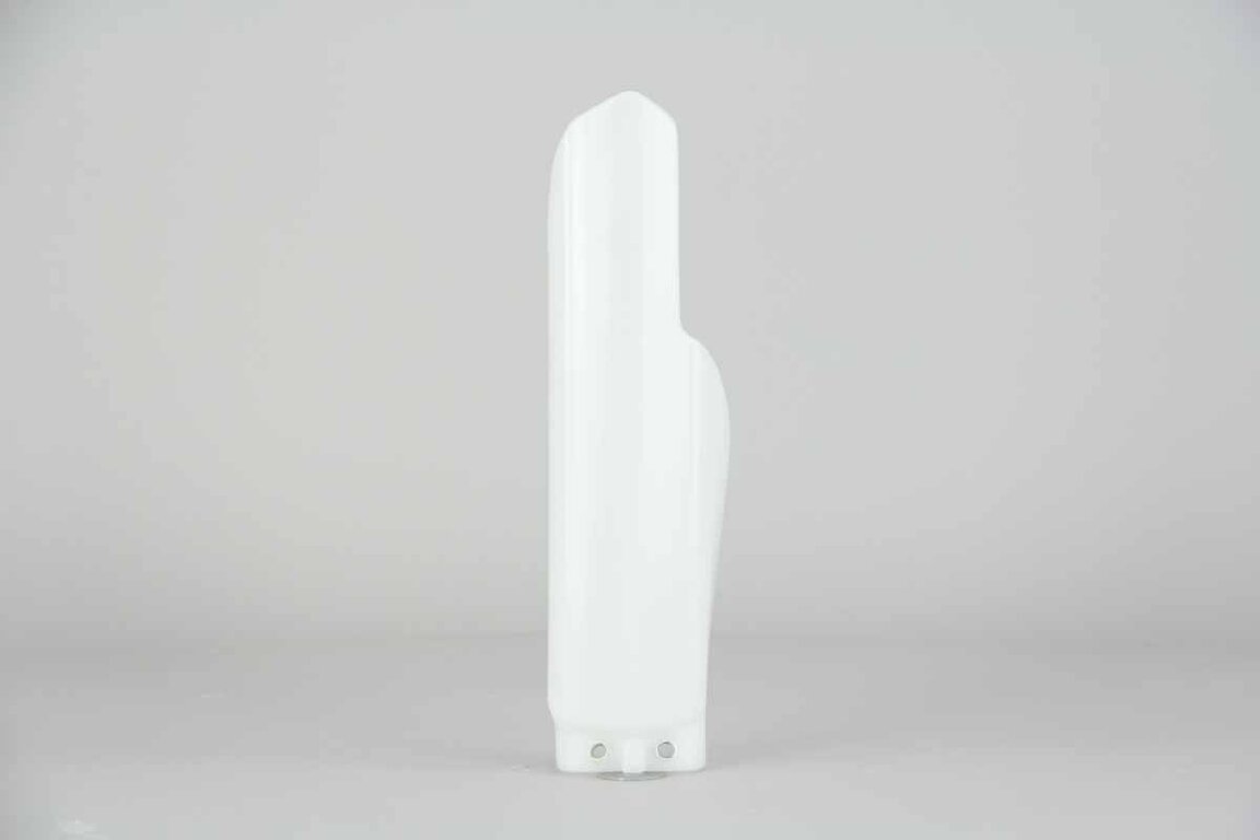 Right Side UFO White Lower Fork Guards replacement plastics for 05-24 Suzuki RM85 dirt bikes.