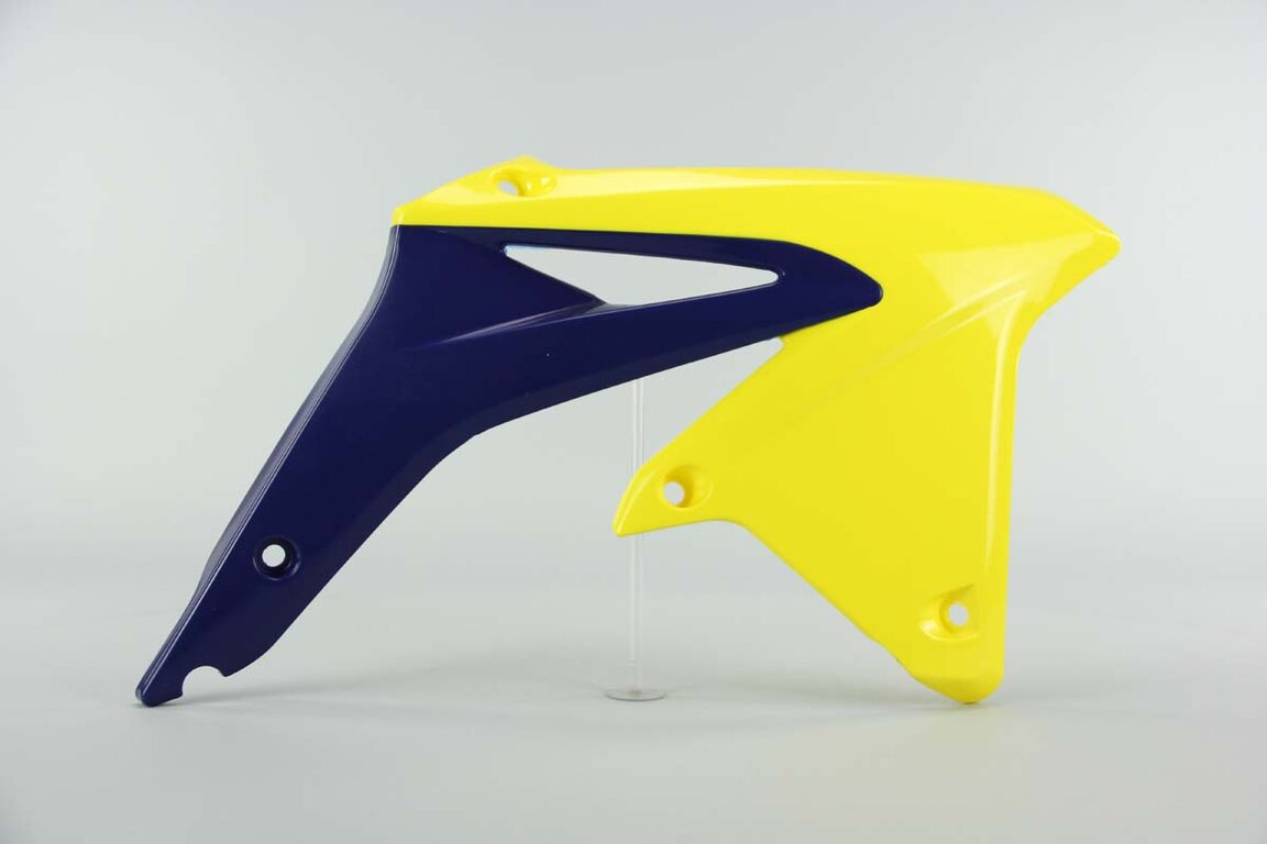 Right Side Polisport Yellow / Blue Radiator Shroud Set replacement plastics for 08-17 Suzuki RMZ450 dirt bikes.