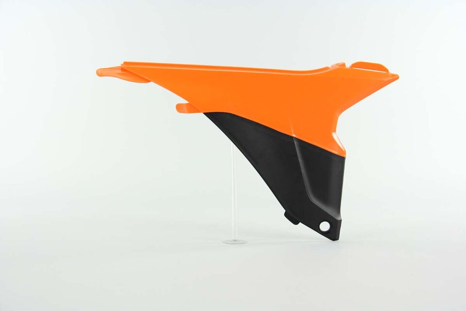 Left Side Polisport Orange / Black Airbox Covers replacement plastics for 12-16 KTM SX, SXF, XC, XCF dirt bikes.