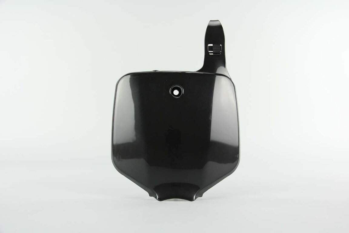 UFO Black Front Number Plate replacement plastics for 00-25 Kawasaki, Suzuki KLX110, KX65, RM65 dirt bikes 360 view