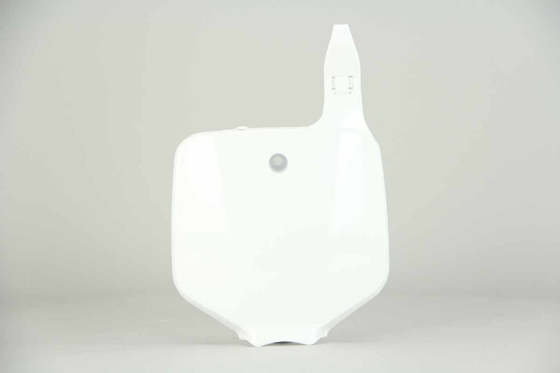 Polisport White Front Number Plate replacement plastics for 00-25 Kawasaki, Suzuki KLX110, KX65, RM65 dirt bikes 360 view