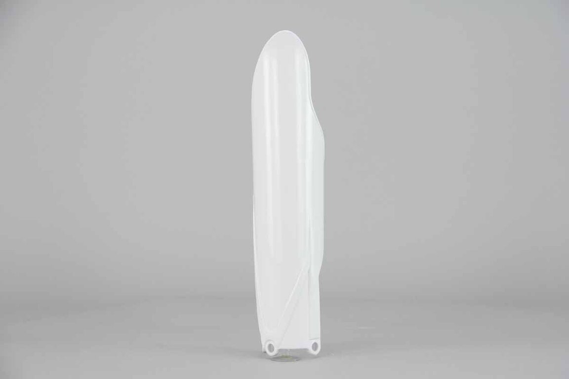 Right Side Polisport White Lower Fork Guards replacement plastics for 10-25 Yamaha YZ125, YZ250, YZ250F, YZ450F dirt bikes.