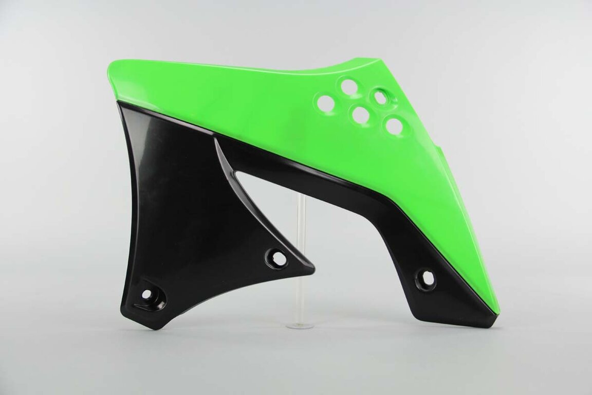 Left Side Polisport Green / Black Radiator Shroud Set replacement plastics for 09-12 Kawasaki KX250F dirt bikes.