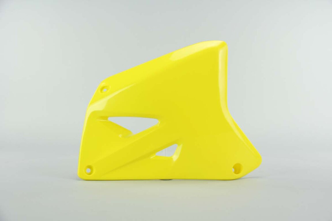 Right Side UFO Yellow Radiator Shroud Set replacement plastics for 01-08 Suzuki RM125, RM250 dirt bikes.