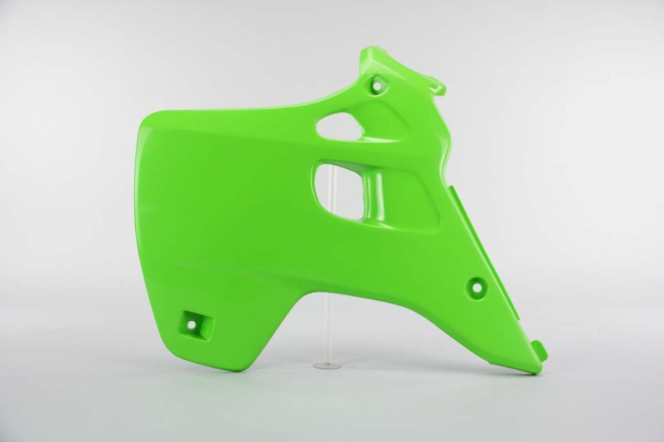 Left Side UFO Green Radiator Shroud Set replacement plastics for 92-93 Kawasaki KX dirt bikes.