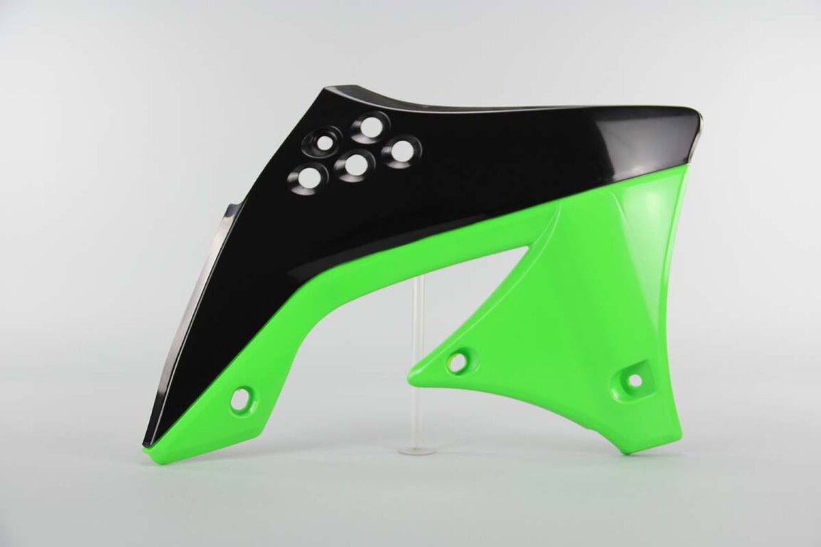 Right Side Polisport Black / Green Radiator Shroud Set replacement plastics for 09-11 Kawasaki KX450F dirt bikes.