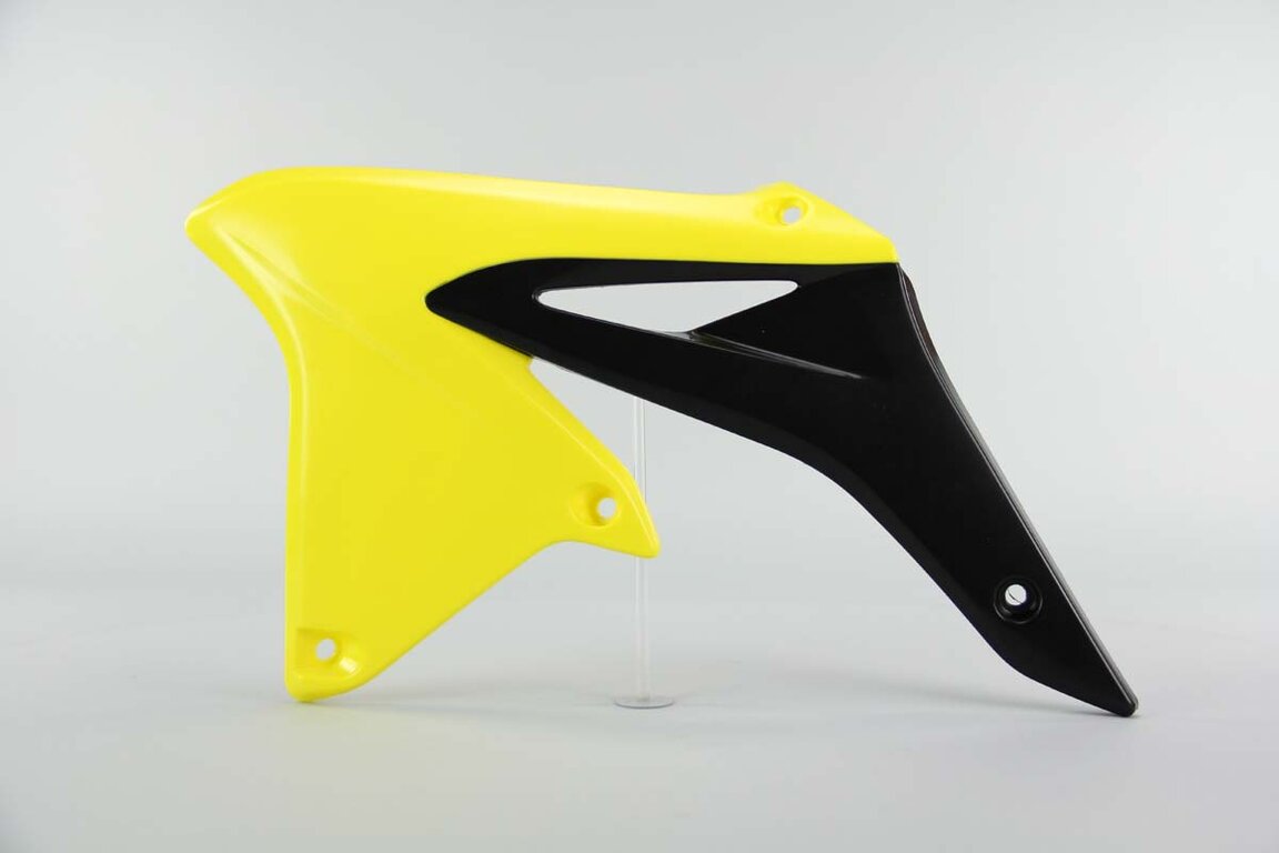 Left Side Polisport Yellow / Black Radiator Shroud Set replacement plastics for 10-18 Suzuki RMZ250 dirt bikes.