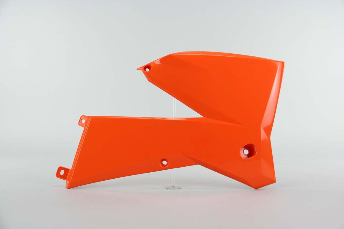 Right Side Polisport Orange Radiator Shroud Set replacement plastics for 01-04 KTM EXC, MXC, SX dirt bikes.