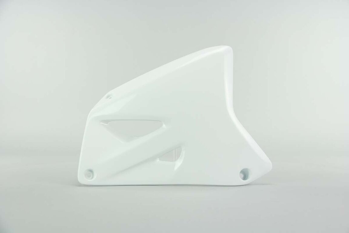 Right Side UFO White Radiator Shroud Set replacement plastics for 01-08 Suzuki RM125, RM250 dirt bikes.