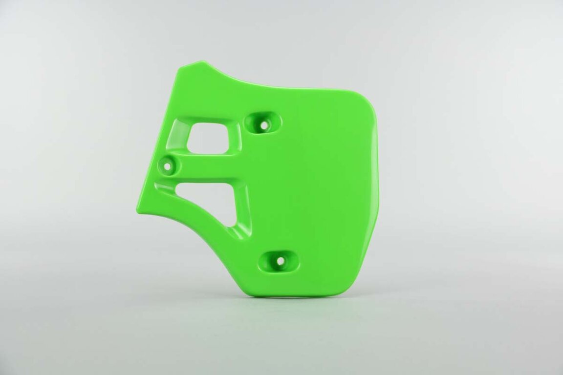 Right Side UFO Green Radiator Shroud Set replacement plastics for 88-04 Kawasaki KX dirt bikes.