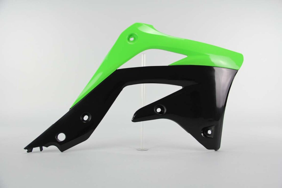 Right Side Polisport Green / Black Radiator Shroud Set replacement plastics for 12-15 Kawasaki KX450F dirt bikes.