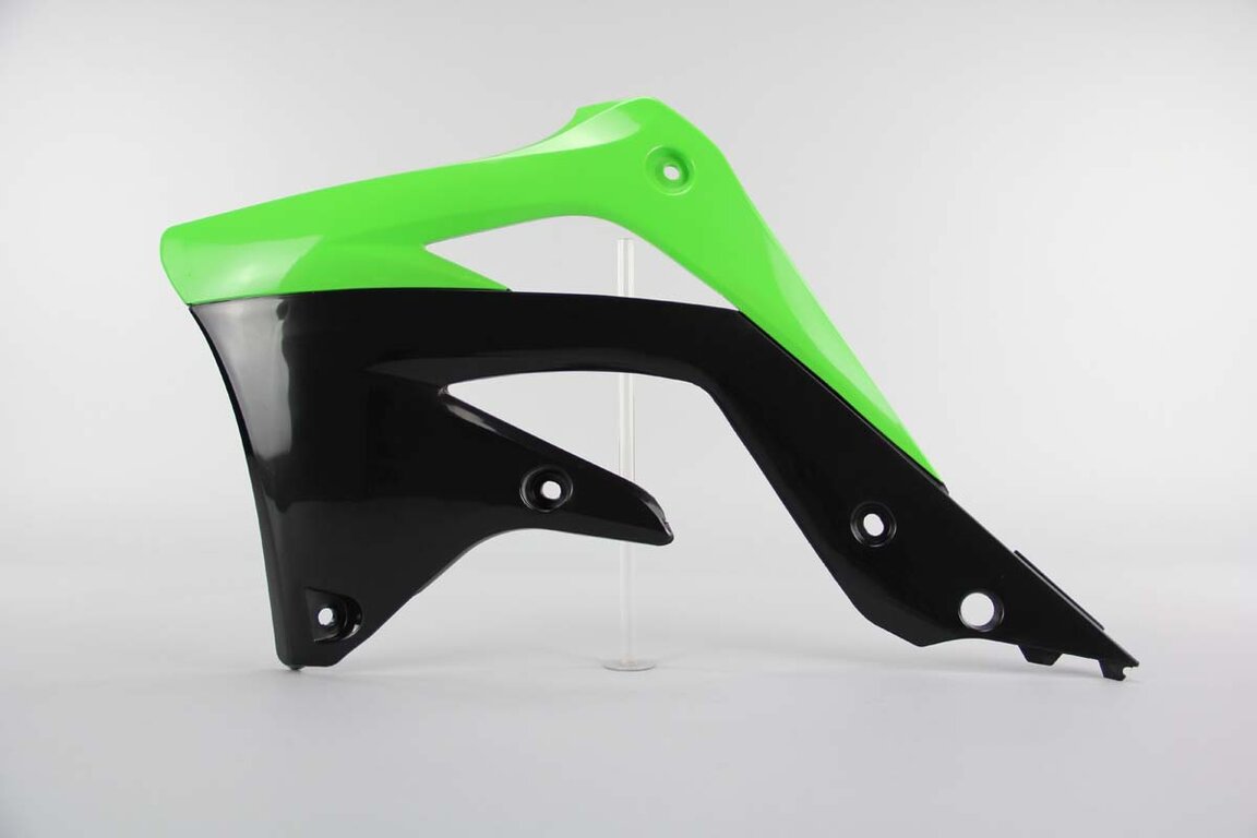 Left Side Polisport Green / Black Radiator Shroud Set replacement plastics for 12-15 Kawasaki KX450F dirt bikes.