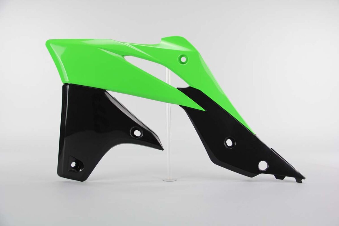 Left Side Polisport Green / Black Radiator Shroud Set replacement plastics for 13-16 Kawasaki KX250F dirt bikes.