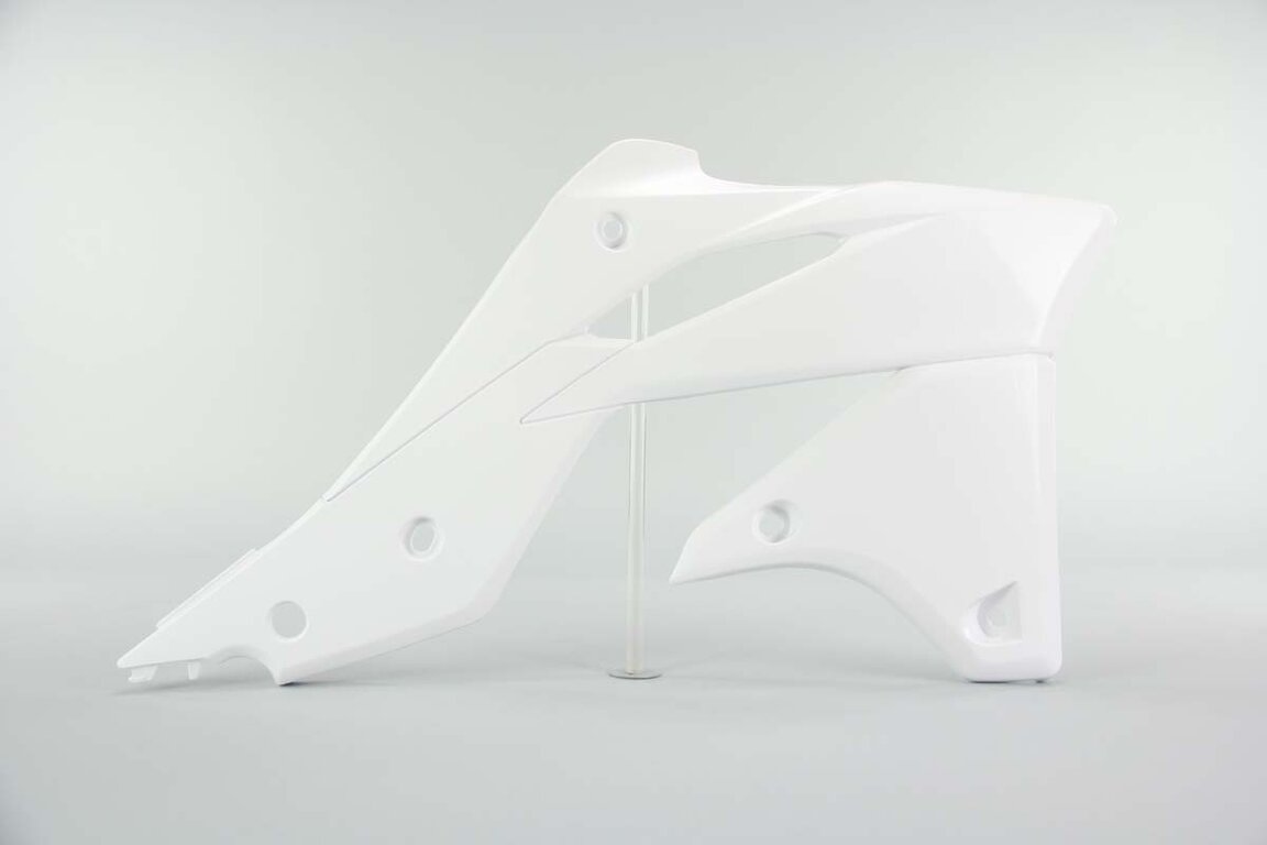 Right Side Polisport White Radiator Shroud Set replacement plastics for 13-16 Kawasaki KX250F dirt bikes.