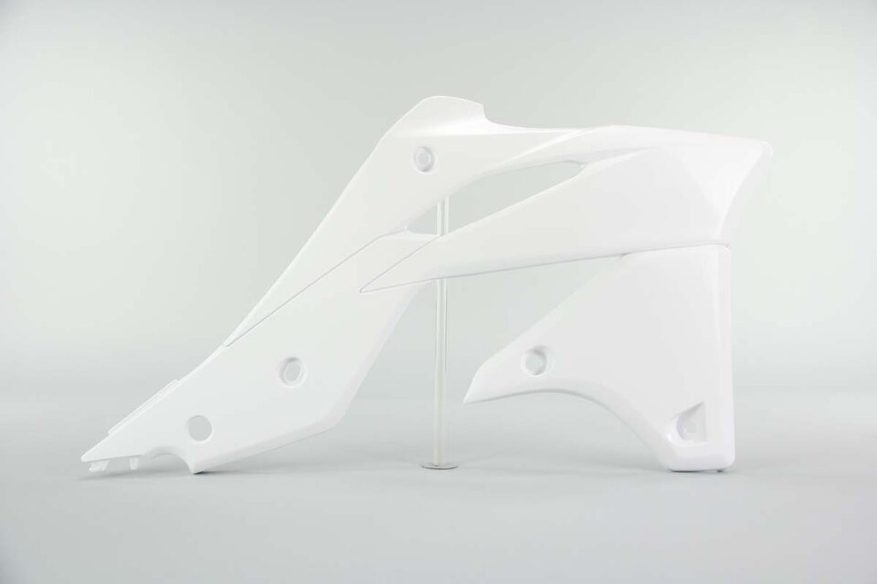 Right Side Polisport White Radiator Shroud Set replacement plastics for 13-16 Kawasaki KX250F dirt bikes.