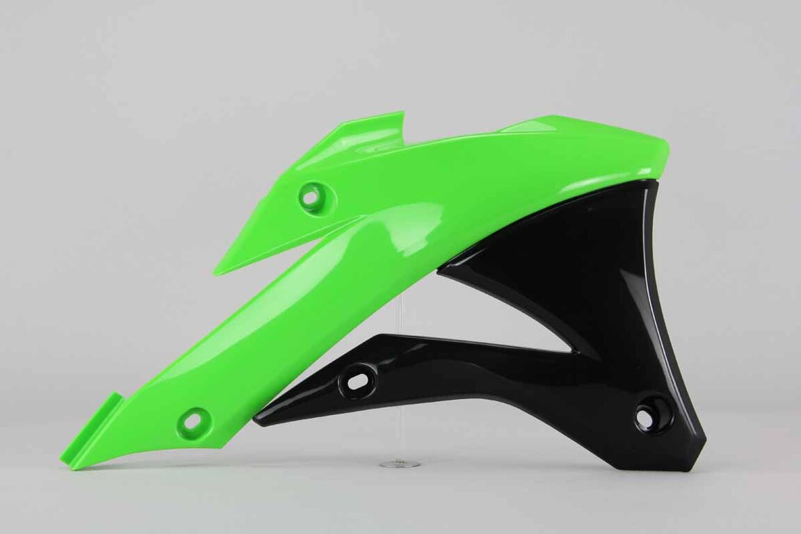 Right Side Polisport Green / Black Radiator Shroud Set replacement plastics for 14-21 Kawasaki KX100, KX85 dirt bikes.