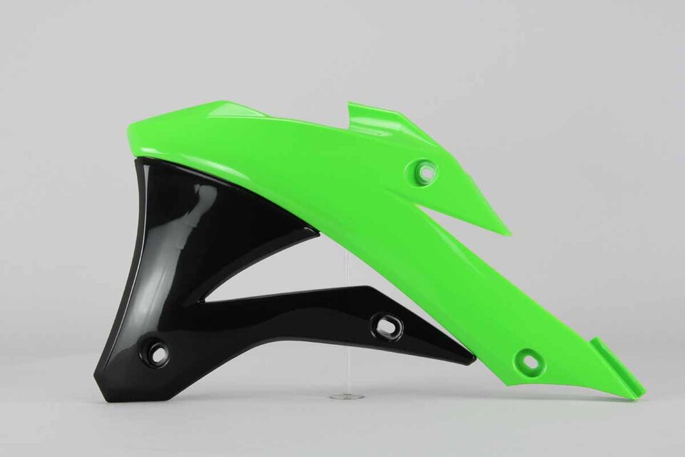 Left Side Polisport Green / Black Radiator Shroud Set replacement plastics for 14-21 Kawasaki KX100, KX85 dirt bikes.