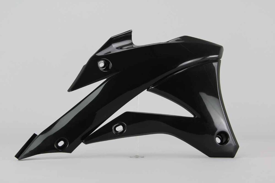 Right Side UFO Black Radiator Shroud Set replacement plastics for 14-21 Kawasaki KX100, KX85 dirt bikes.