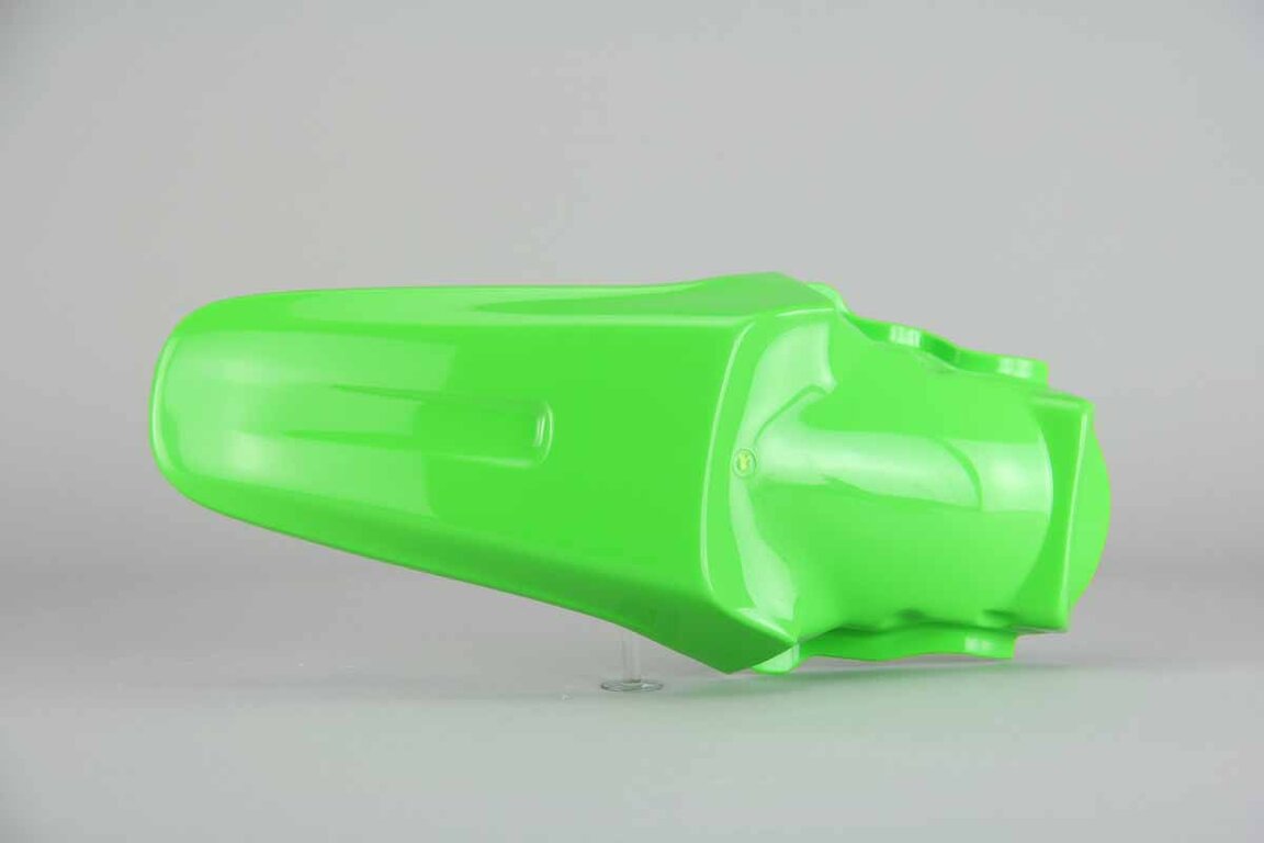 UFO Green Restyled Rear Fender replacement plastics for 01-13 Kawasaki KX100, KX85 dirt bikes 360 view