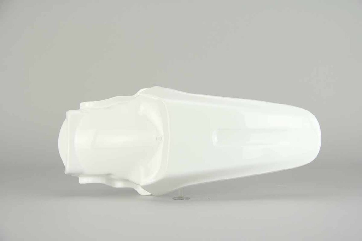 UFO White Restyled Rear Fender replacement plastics for 01-13 Kawasaki KX100, KX85 dirt bikes 360 view