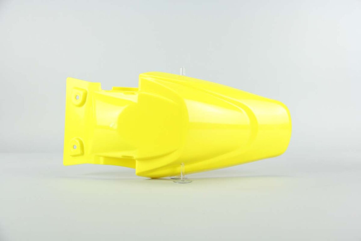 Polisport Yellow Rear Fender replacement plastics for 00-25 Kawasaki, Suzuki KLX110, KX65, RM65 dirt bikes 360 view