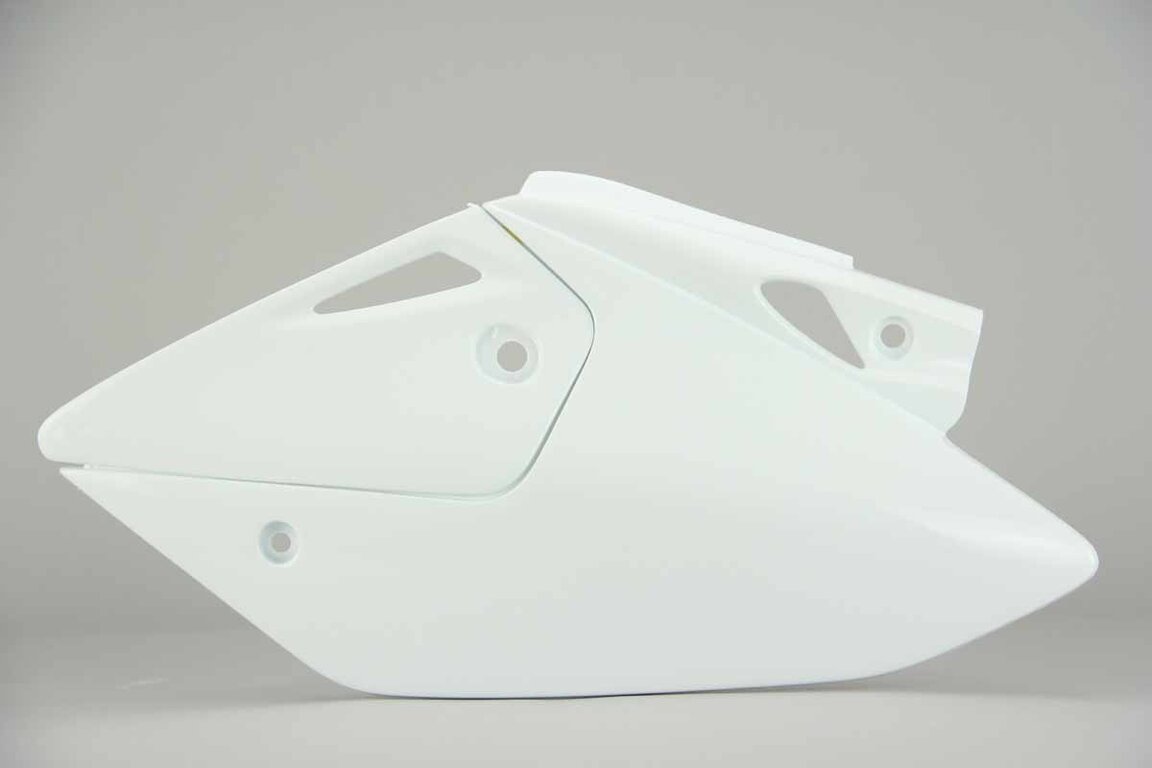 Left Side UFO White Side Number Plates replacement plastics for 05-17 Honda CRF450X dirt bikes.