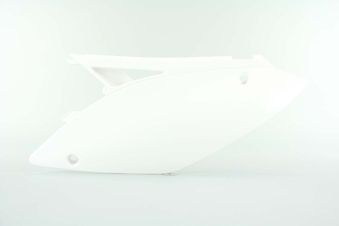 Left Side Polisport White Side Number Plates replacement plastics for 09-12 Kawasaki KX250F, KX450F dirt bikes.