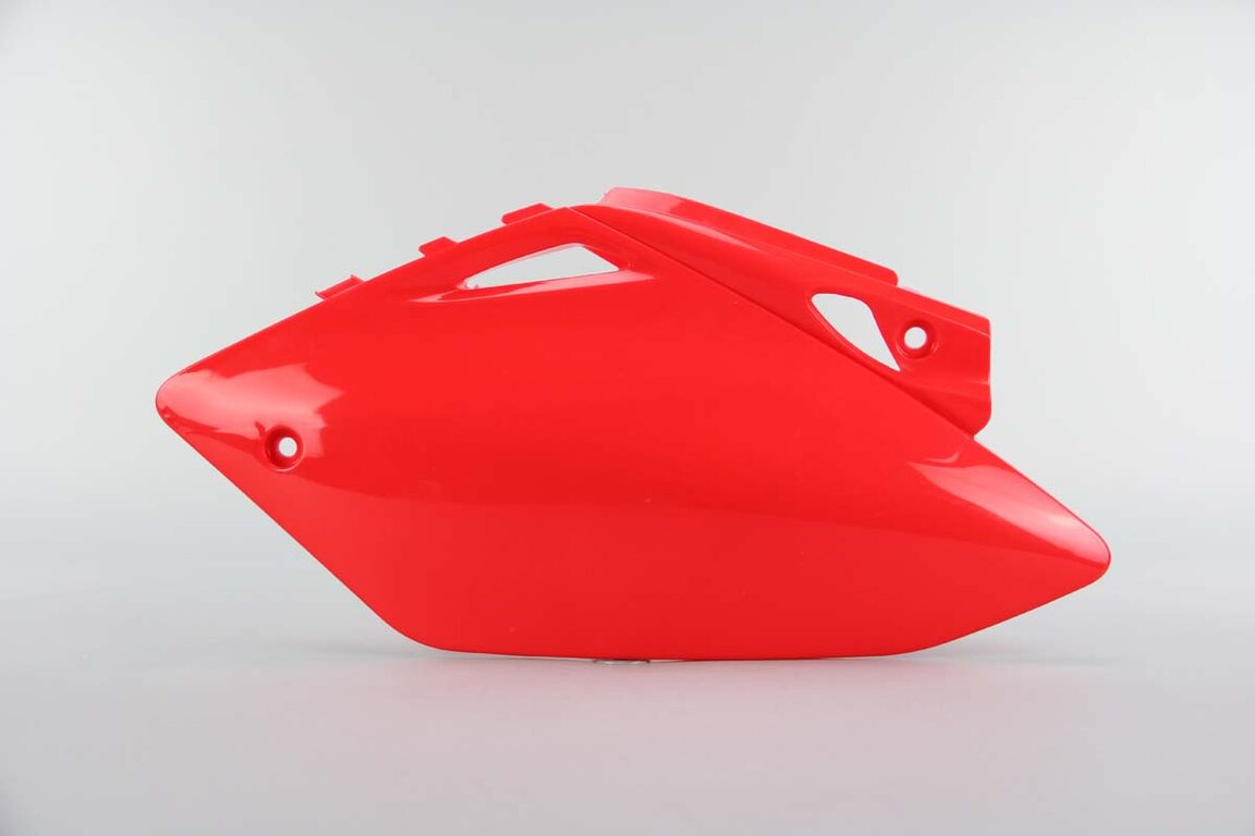 Left Side UFO Red Side Number Plates replacement plastics for 07-08 Honda CRF450 dirt bikes.