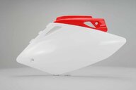 Left Side Polisport White / Red Side Number Plates replacement plastics for 07-08 Honda CRF450 dirt bikes.