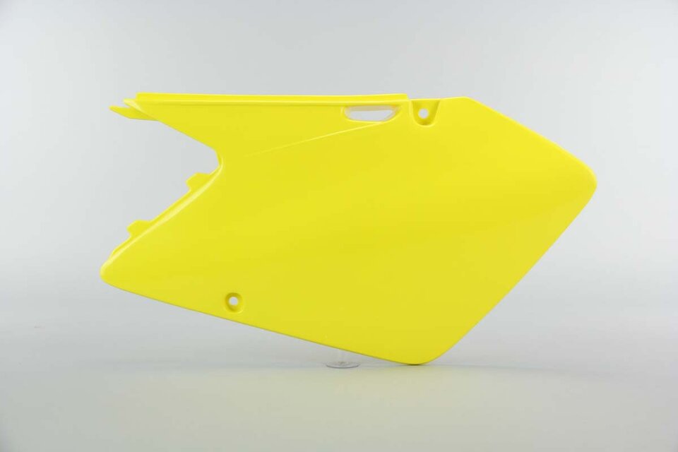 Left Side UFO Yellow Side Number Plates replacement plastics for 01-08 Suzuki RM125, RM250 dirt bikes.