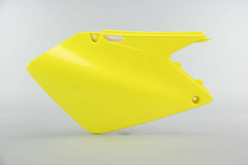 Right Side UFO Yellow Side Number Plates replacement plastics for 01-08 Suzuki RM125, RM250 dirt bikes.