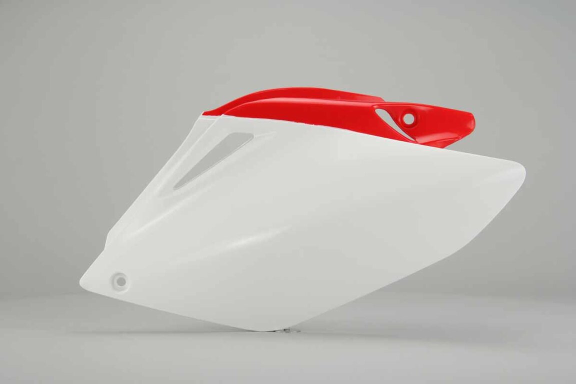 Left Side Polisport White / Red Side Number Plates replacement plastics for 06-09 Honda CRF250 dirt bikes.