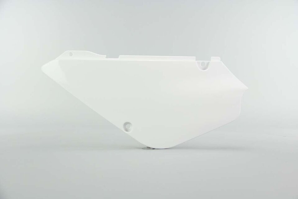 Left Side UFO White Side Number Plates replacement plastics for 02-24 Suzuki RM85 dirt bikes.