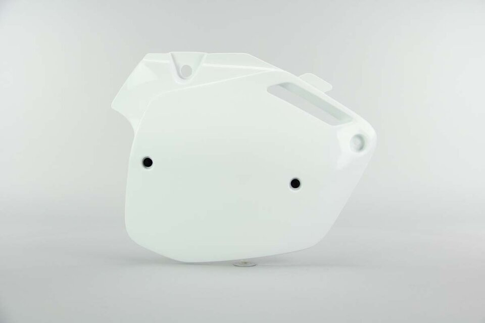 Right Side UFO White Side Number Plates replacement plastics for 90-01 Honda CR125, CR250, CR500 dirt bikes.