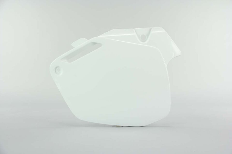 Left Side UFO White Side Number Plates replacement plastics for 90-01 Honda CR125, CR250, CR500 dirt bikes.