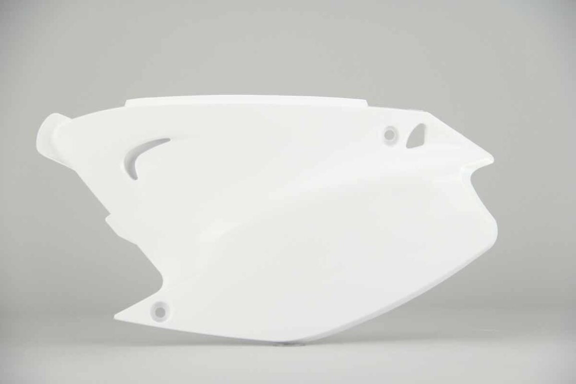 Left Side Polisport White Side Number Plates replacement plastics for 03-07 Kawasaki KX dirt bikes.