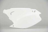 Left Side Polisport White Side Number Plates replacement plastics for 03-07 Kawasaki KX dirt bikes.