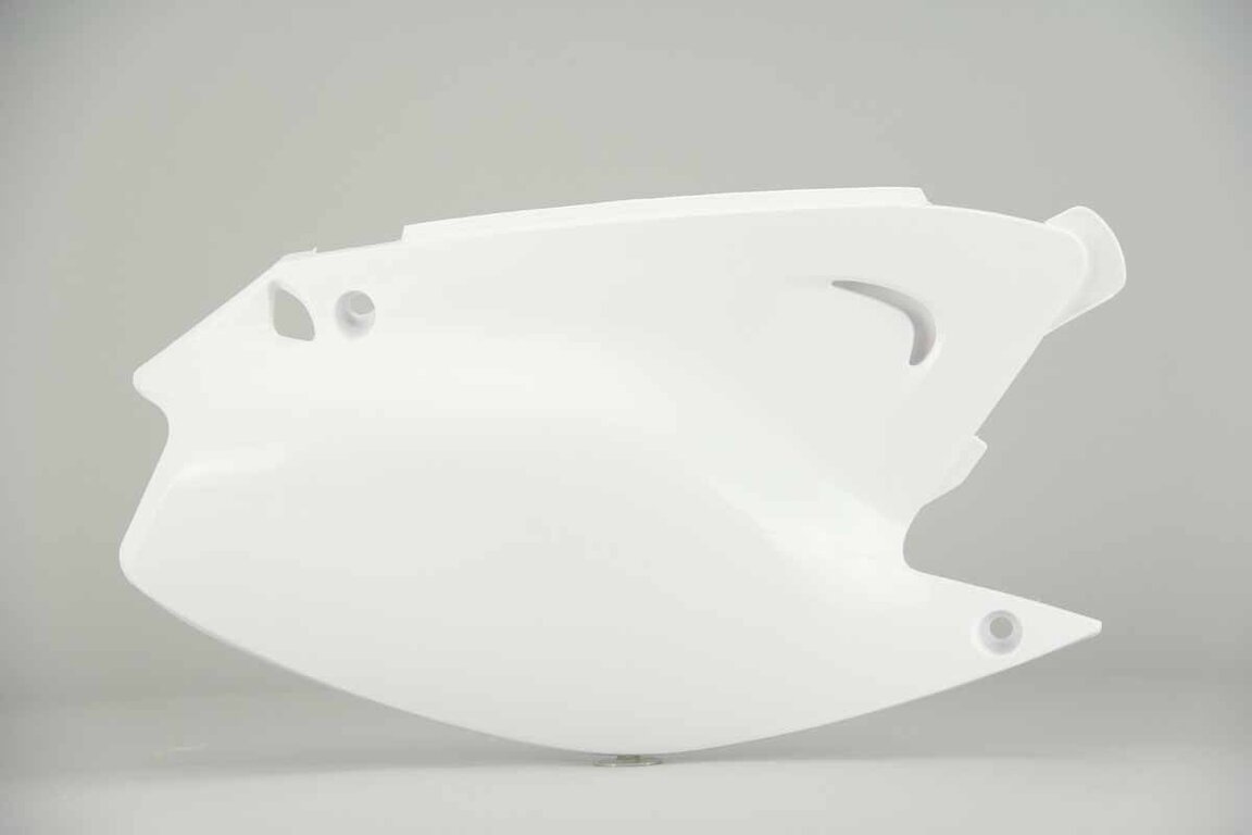 Right Side Polisport White Side Number Plates replacement plastics for 03-07 Kawasaki KX dirt bikes.