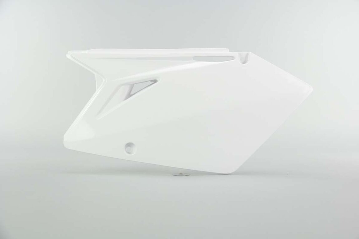 Left Side Polisport White Side Number Plates replacement plastics for 07 Suzuki RMZ450 dirt bikes.