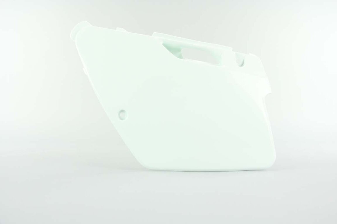 Left Side Polisport White Side Number Plates replacement plastics for 94-98 Kawasaki KX dirt bikes.