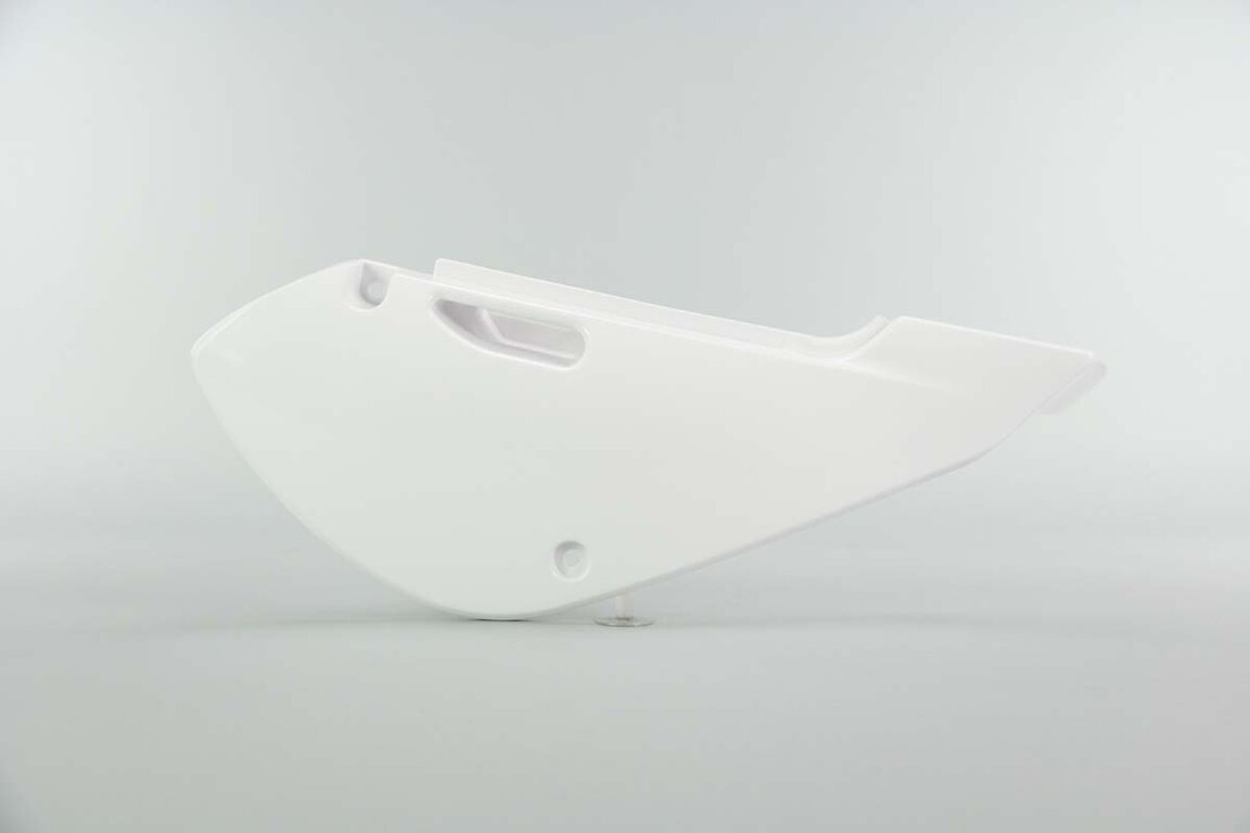 Right Side Polisport White Side Number Plates replacement plastics for 00-25 Kawasaki, Suzuki KLX110, KX65, RM65 dirt bikes.