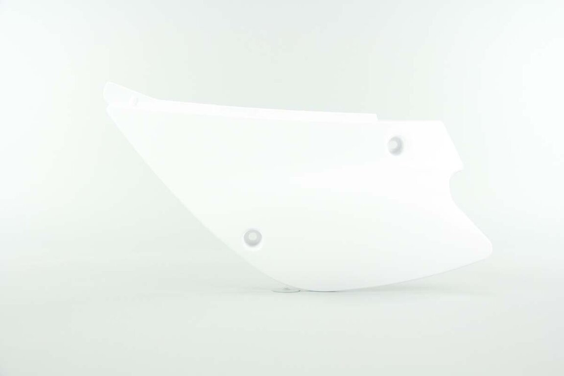 Left Side Polisport White Side Number Plates replacement plastics for 98-13 Kawasaki KX100, KX80, KX85 dirt bikes.