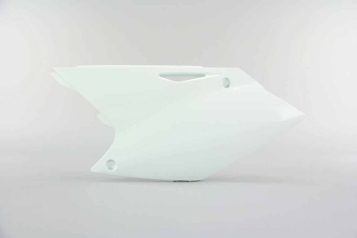 Left Side Polisport White Side Number Plates replacement plastics for 04-06 Kawasaki, Suzuki KX250F, RMZ250 dirt bikes.