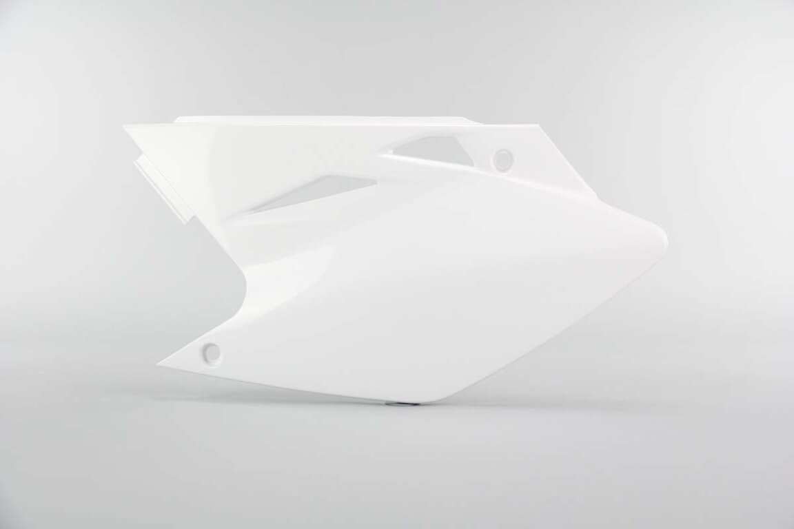 Left Side Polisport White Side Number Plates replacement plastics for 06-08 Kawasaki KX450F dirt bikes.